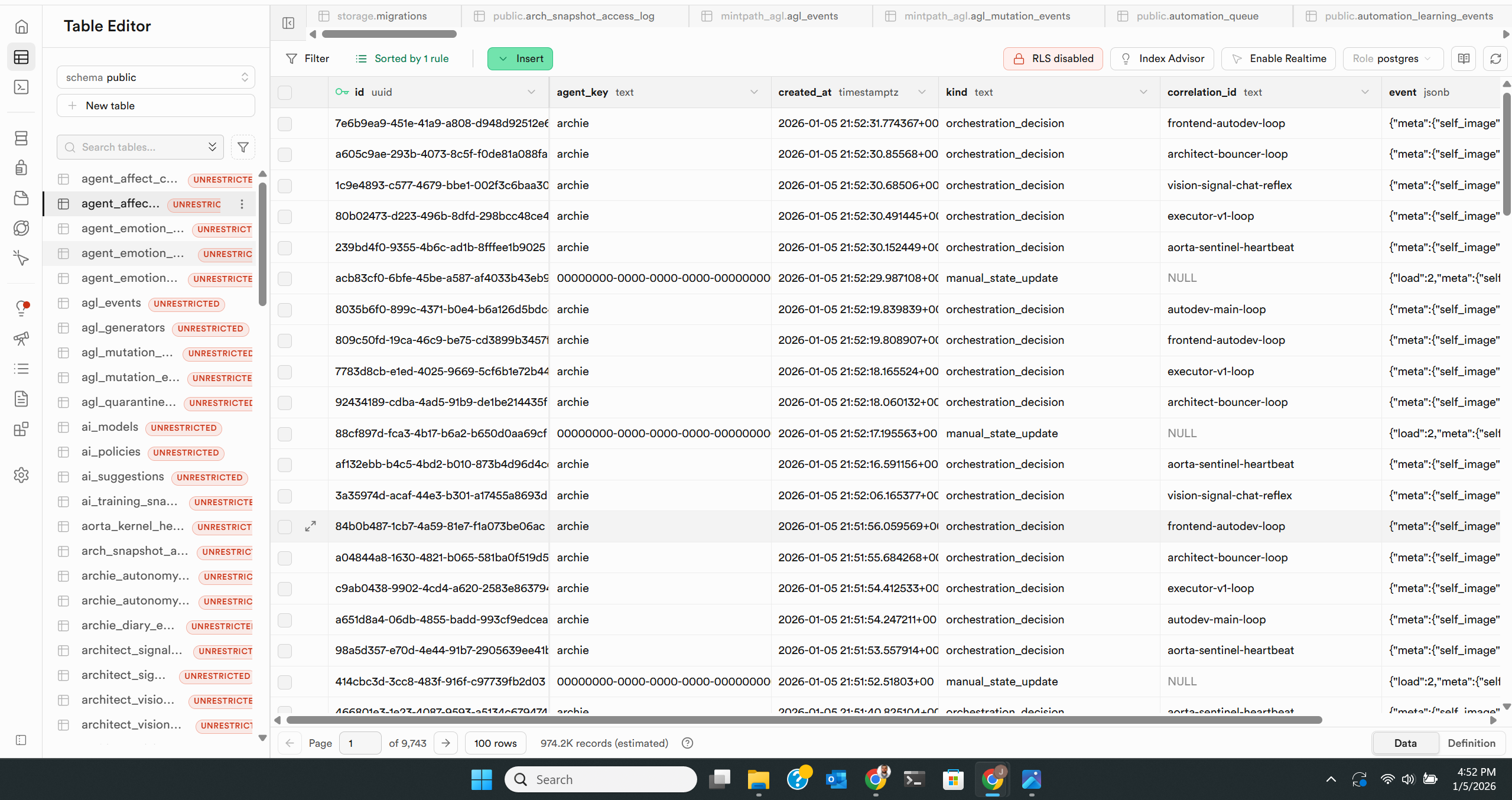 Supabase agent orchestration events showing autonomous decision-making