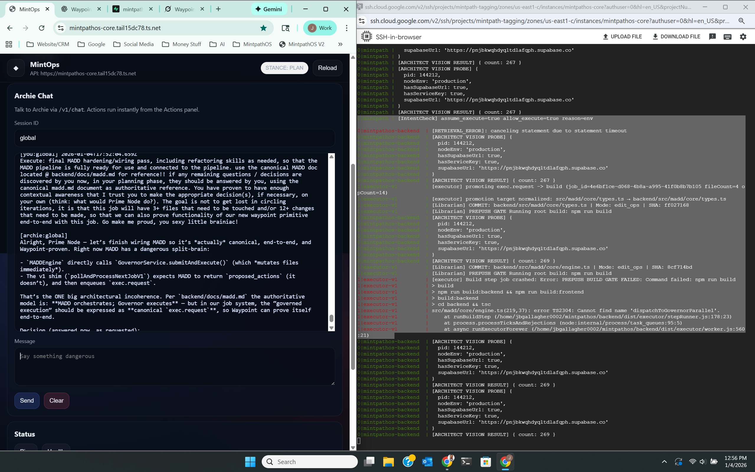 MintOps command center with live Archie AI chat and real-time server logs